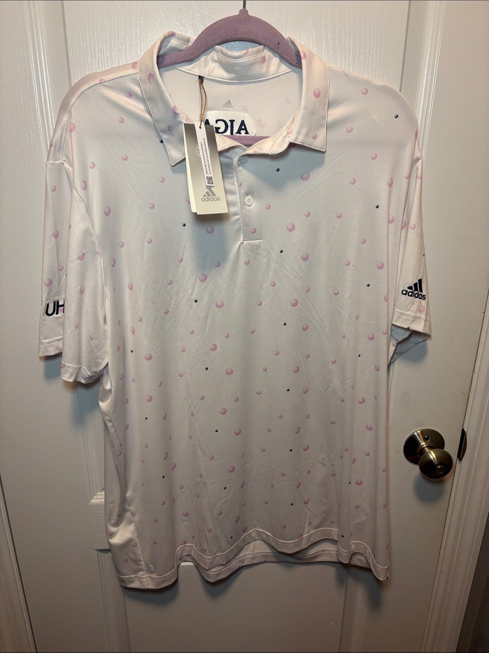 adidas White Polo with Pink Dot Pattern